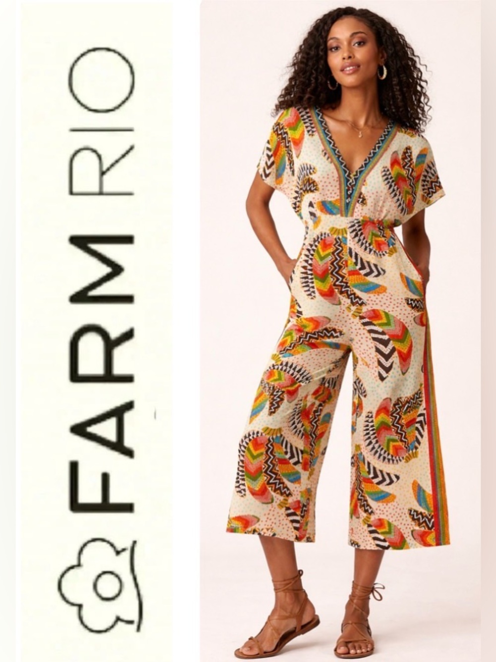 Farm Rio Multicolor Banana Bunch Cropped Wide-Leg Jumpsuit - Size S